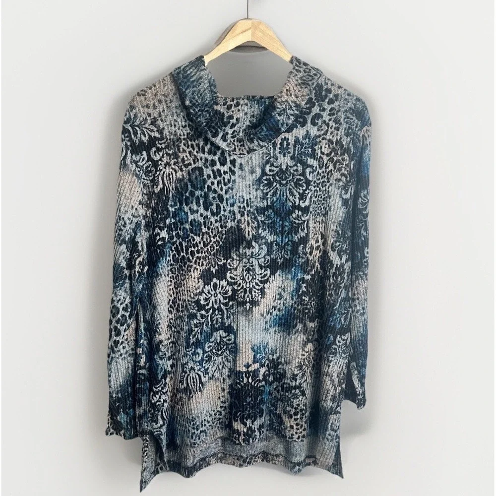 Chico's‎ Zenergy Women's 3 (XL) Sweater Top Cowl Neck Long Sleeved Pullover Blue